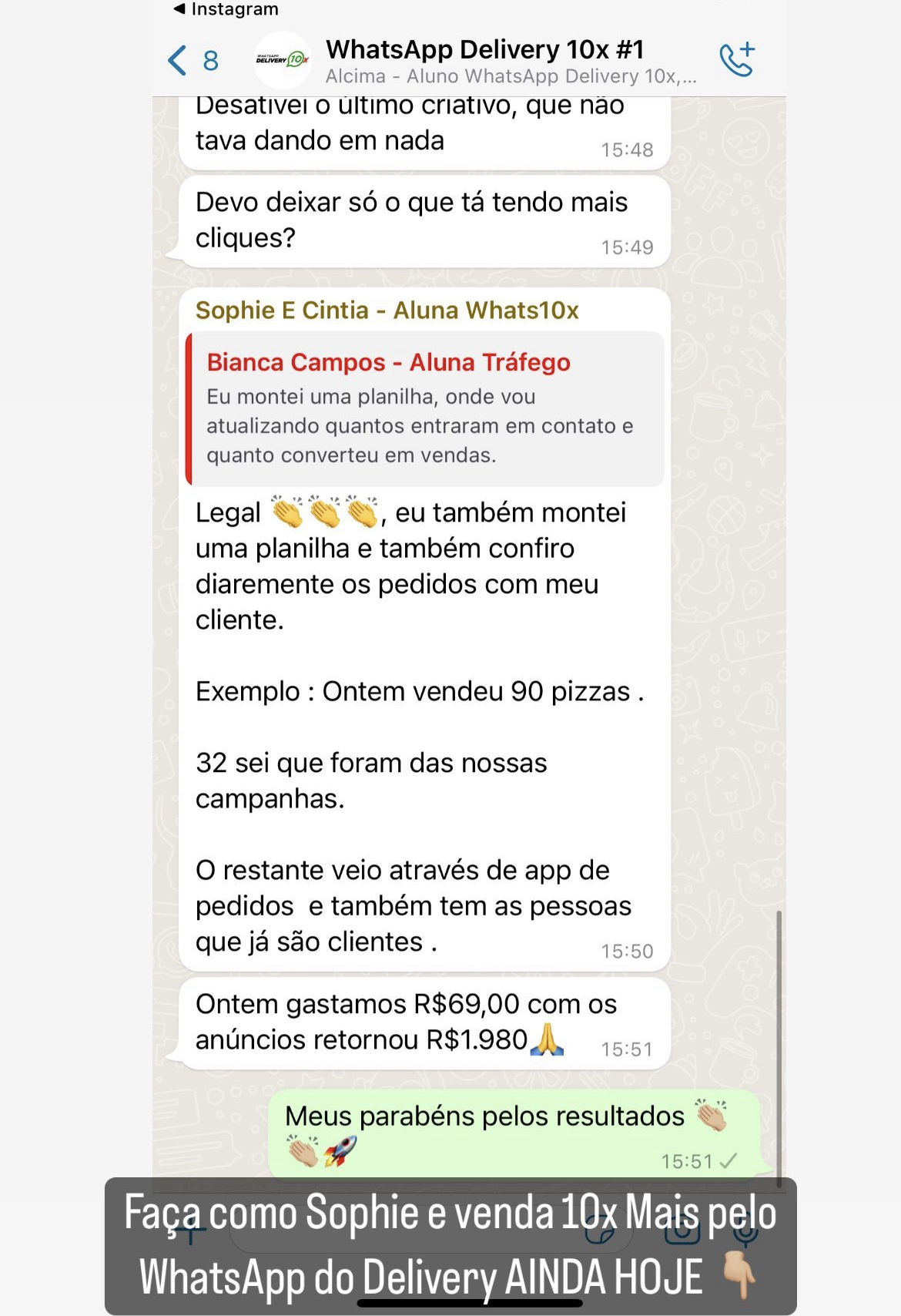 Print de conversa com resultados de alunos do Método WhatsApp Delivery 10x