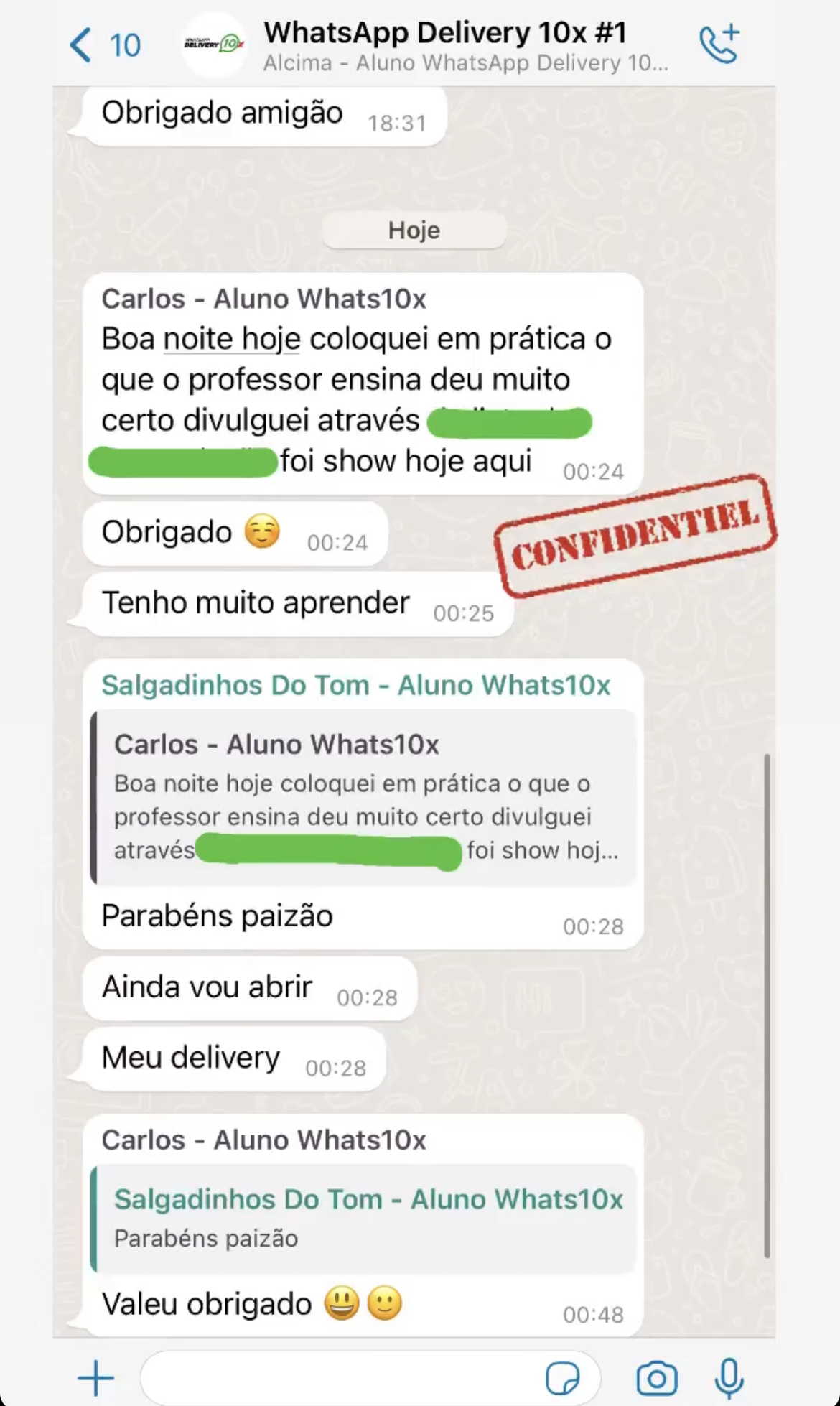Print de conversa com resultados de alunos do Método WhatsApp Delivery 10x