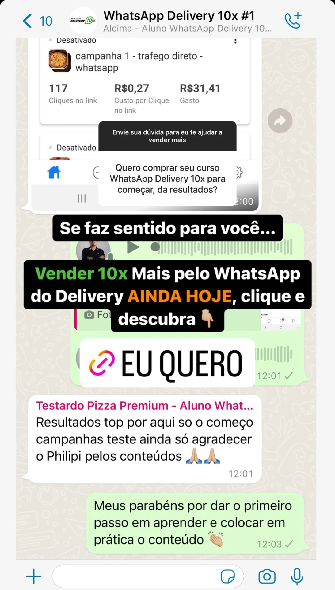 Print de conversa com resultados de alunos do Método WhatsApp Delivery 10x
