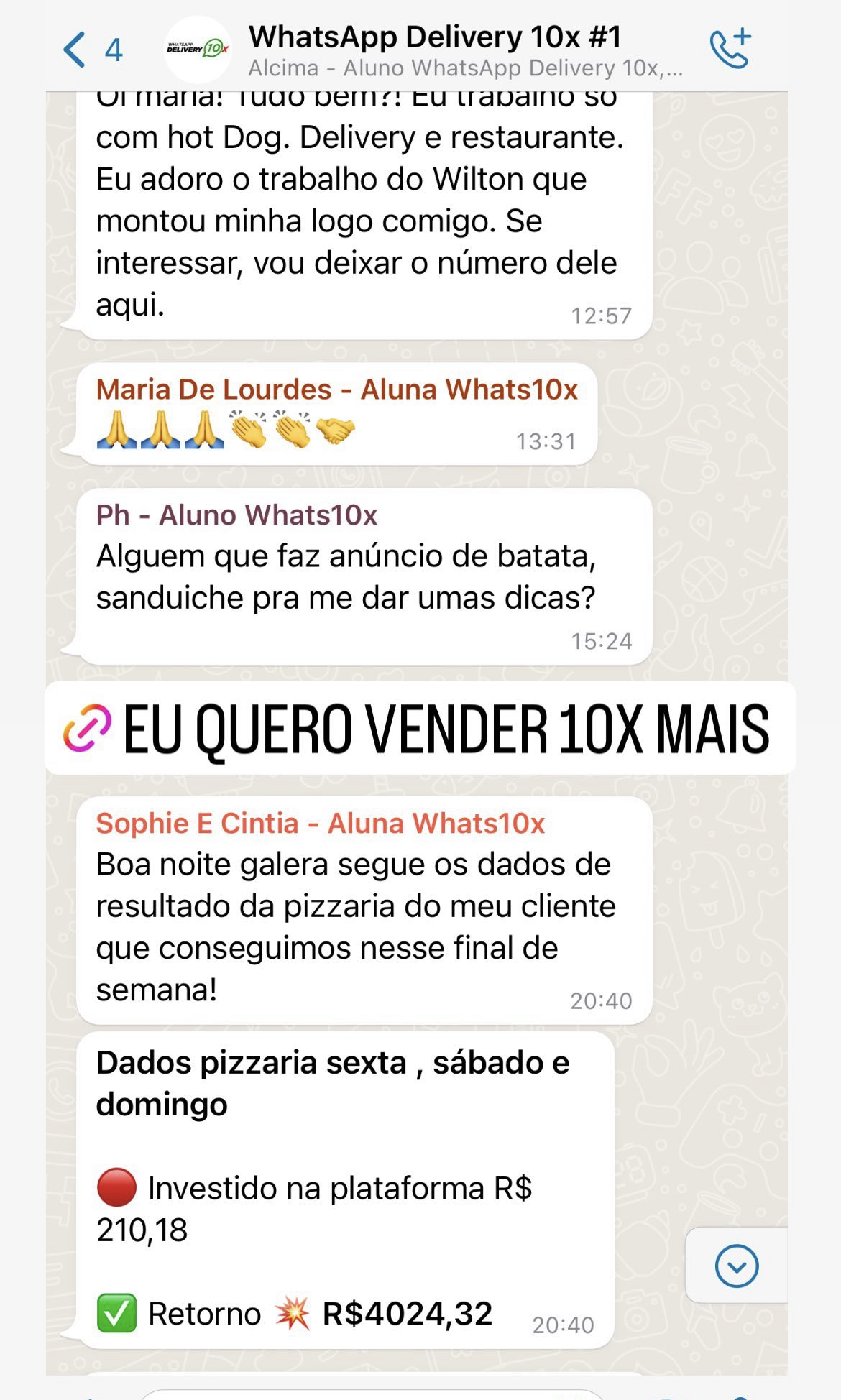 Print de conversa com resultados de alunos do Método WhatsApp Delivery 10x