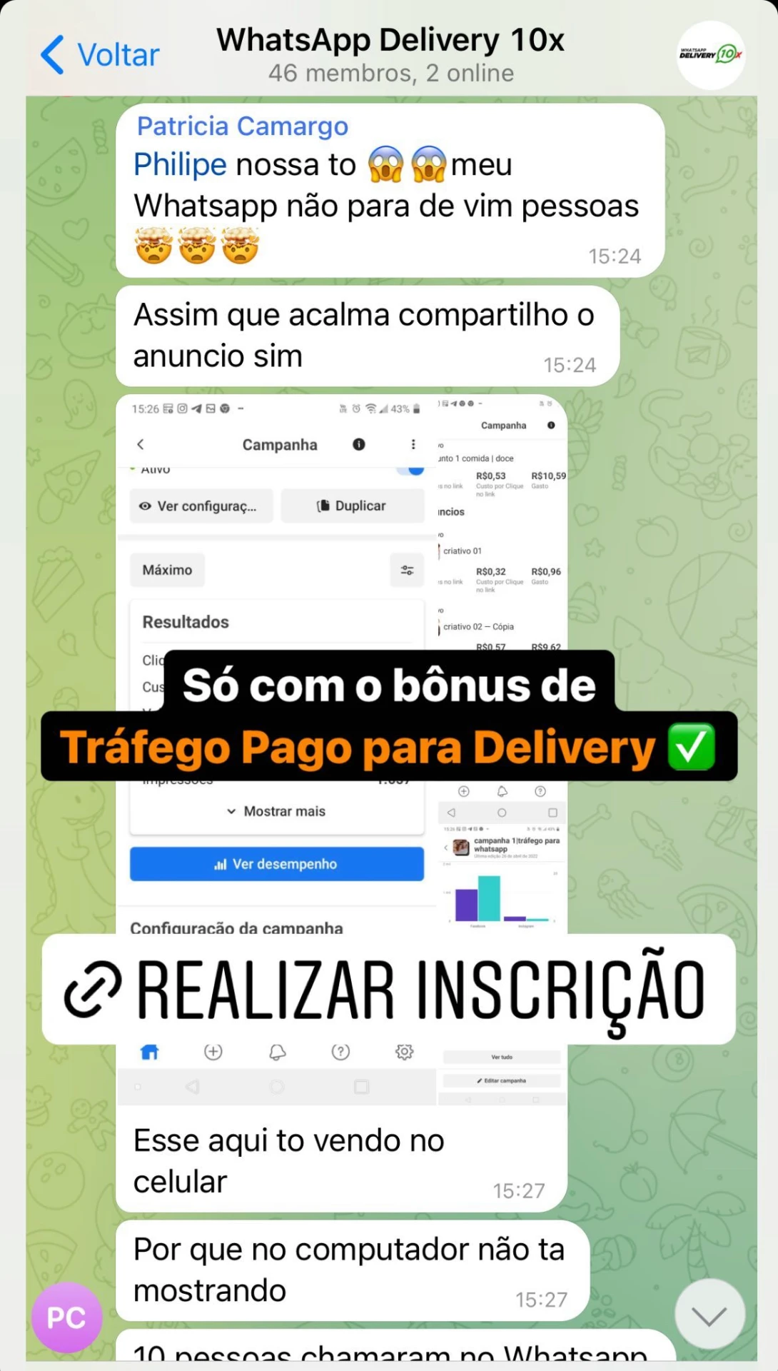 Print de conversa com resultados de alunos do Método WhatsApp Delivery 10x