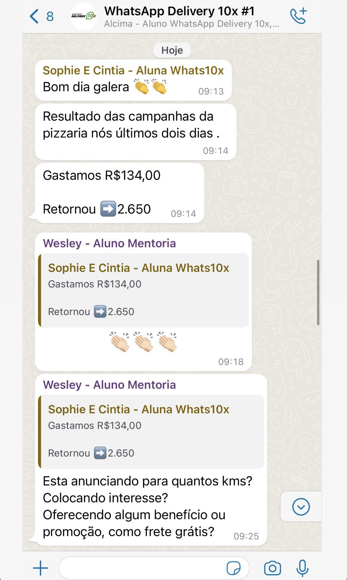 Print de conversa com resultados de alunos do Método WhatsApp Delivery 10x