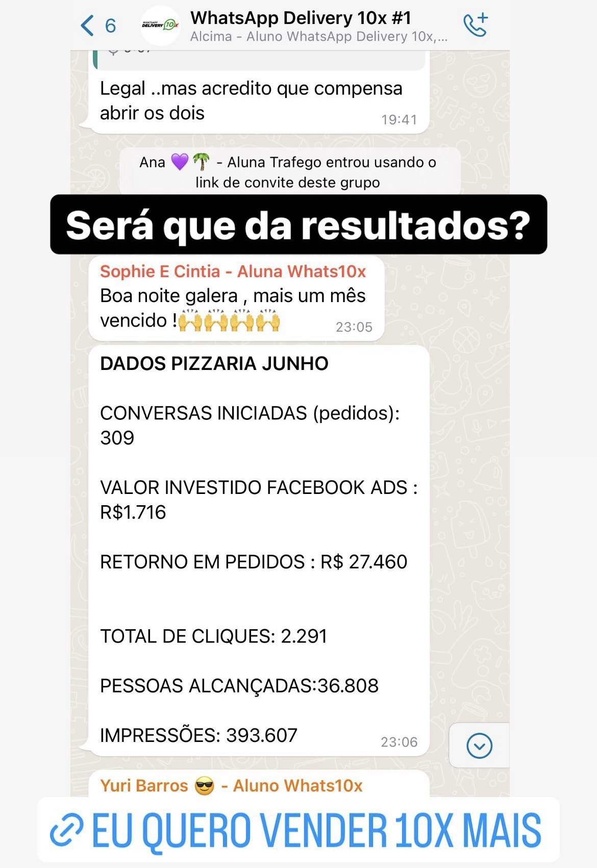 Print de conversa com resultados de alunos do Método WhatsApp Delivery 10x